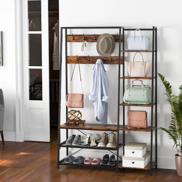 Industrial-Style Multifunctional Entryway Hooks and Shelf with Shoe Bench