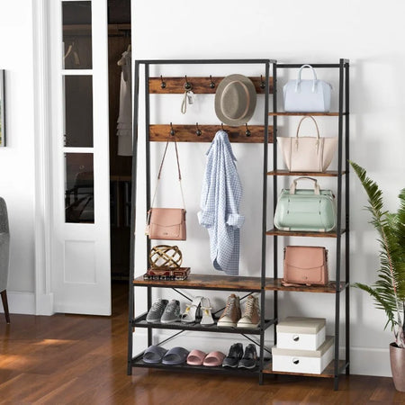 Industrial-Style Multifunctional Entryway Hooks and Shelf with Shoe Bench