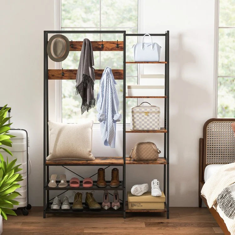 Industrial-Style Multifunctional Entryway Hooks and Shelf with Shoe Bench