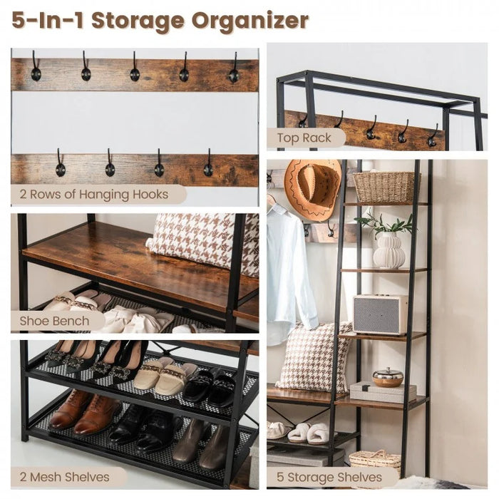 Industrial-Style Multifunctional Entryway Hooks and Shelf with Shoe Bench