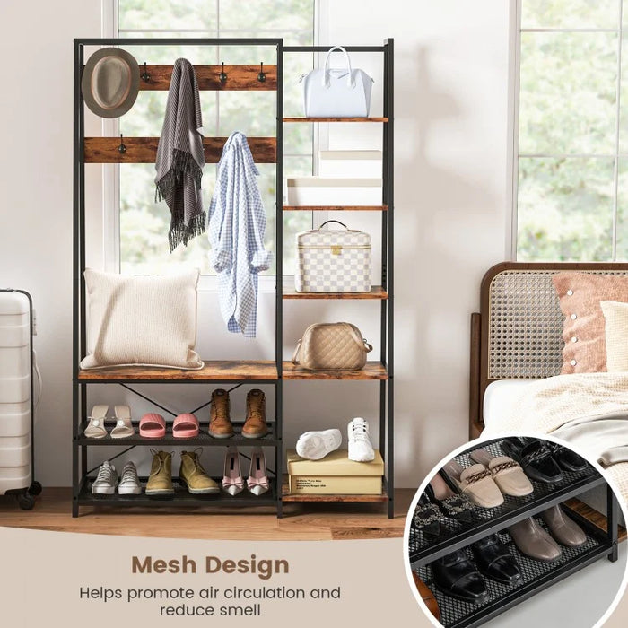Industrial-Style Multifunctional Entryway Hooks and Shelf with Shoe Bench