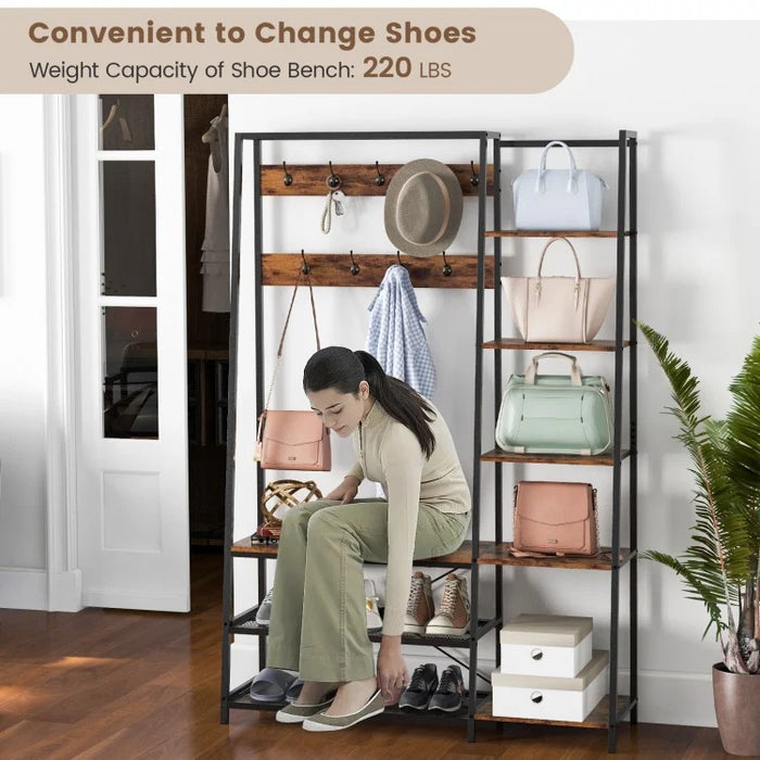Industrial-Style Multifunctional Entryway Hooks and Shelf with Shoe Bench