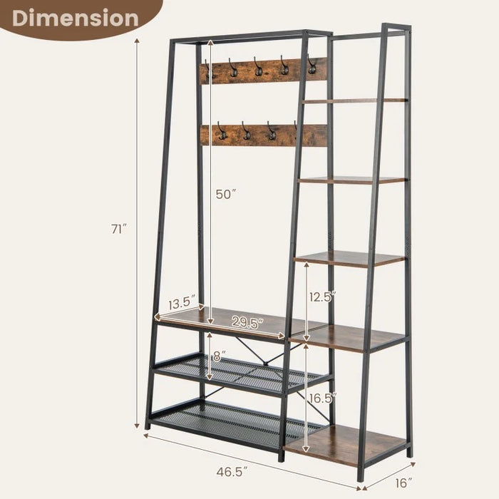 Industrial-Style Multifunctional Entryway Hooks and Shelf with Shoe Bench