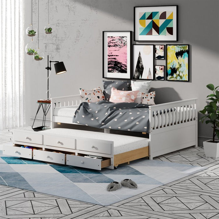 Modern Minimalist White Bed with Drawers, Casters and Sofa Function