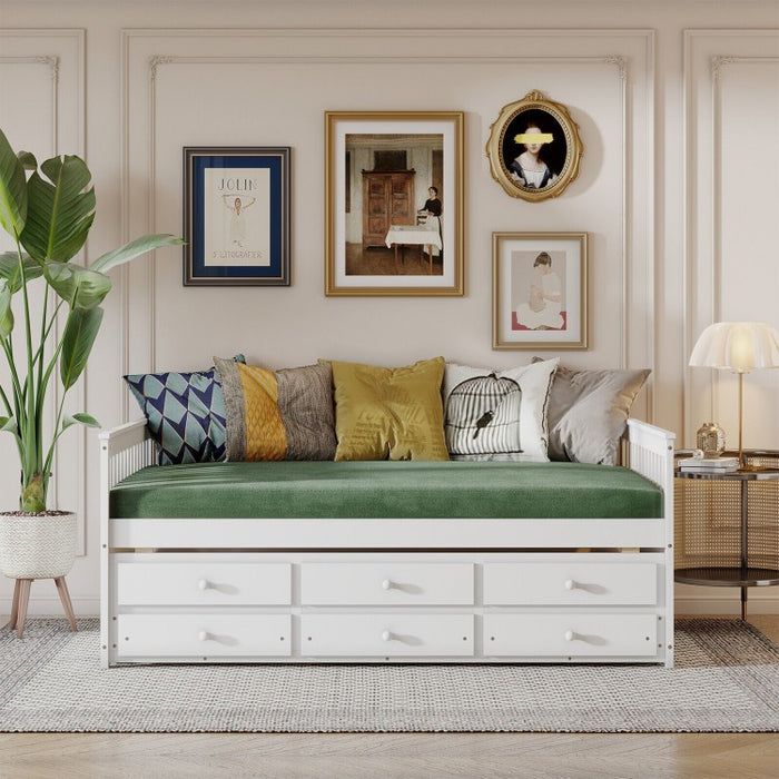 Modern Minimalist White Bed with Drawers, Casters and Sofa Function