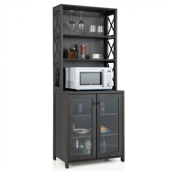 Costway Industrial Style Tall Bar Cabinet with Glass Rack and Adjustable Shelves - Suitable for Restaurant and Cafe Bar