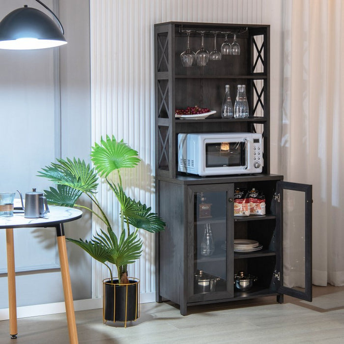 Costway Industrial Style Tall Bar Cabinet with Glass Rack and Adjustable Shelves - Suitable for Restaurant and Cafe Bar
