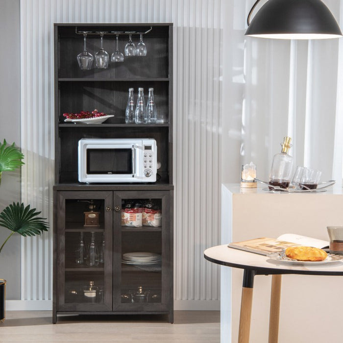 Costway Industrial Style Tall Bar Cabinet with Glass Rack and Adjustable Shelves - Suitable for Restaurant and Cafe Bar