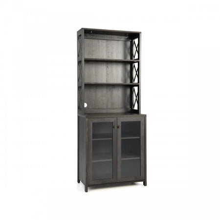 Costway Industrial Style Tall Bar Cabinet with Glass Rack and Adjustable Shelves - Suitable for Restaurant and Cafe Bar