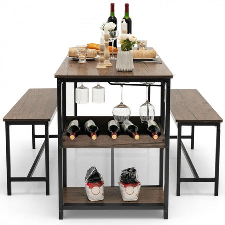 Industrial Vintage 3-Piece Dining Set for 4 People with Wine Rack - Suitable for Restaurant, Café, and Bistro