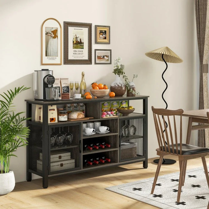 Costway Industrial Style Wine Bar Cabinet with Buffet Storage - Includes Glass Rack and Wine Rack, Suitable for Restaurant and Bar