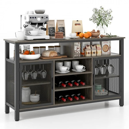 Costway Industrial Style Wine Bar Cabinet with Buffet Storage - Includes Glass Rack and Wine Rack, Suitable for Restaurant and Bar