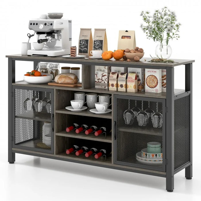 Costway Industrial Style Wine Bar Cabinet with Buffet Storage - Includes Glass Rack and Wine Rack, Suitable for Restaurant and Bar