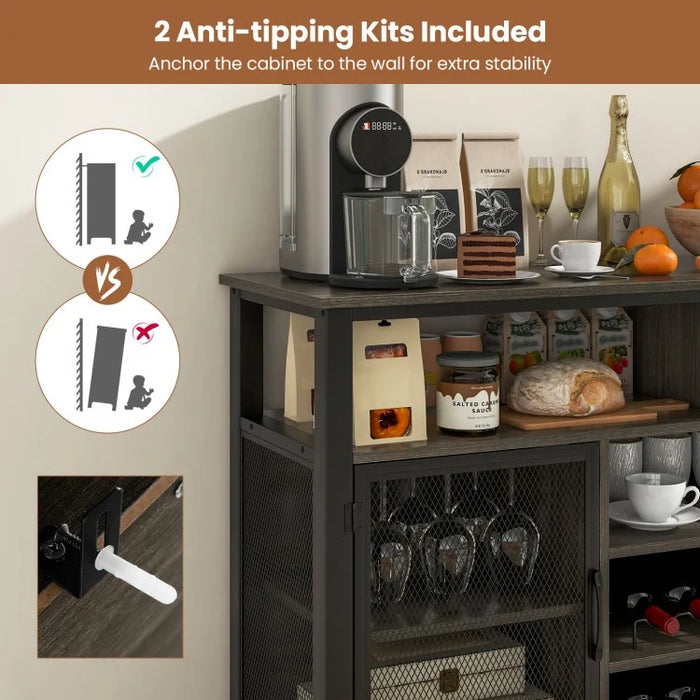 Costway Industrial Style Wine Bar Cabinet with Buffet Storage - Includes Glass Rack and Wine Rack, Suitable for Restaurant and Bar