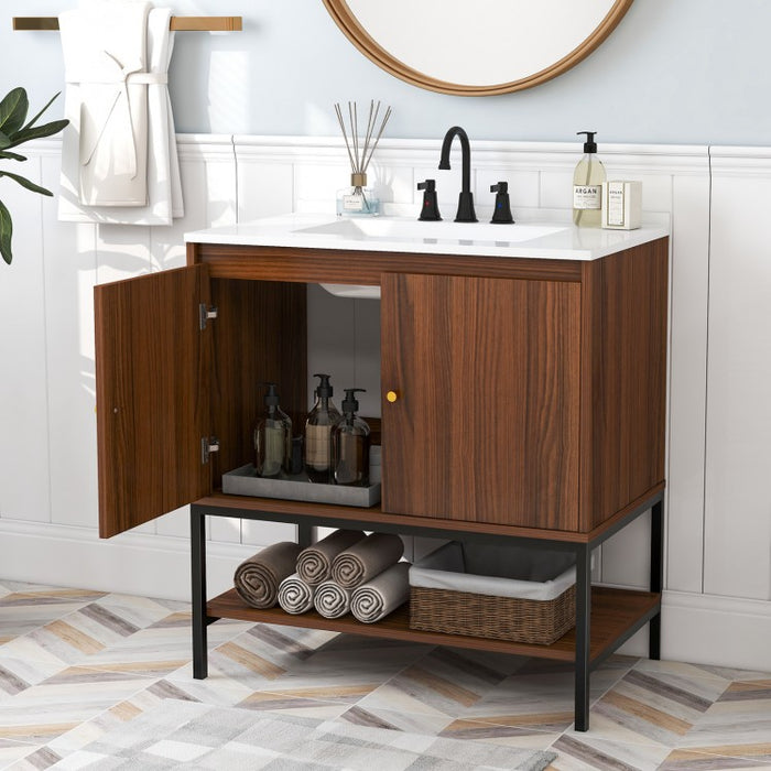 Rustic Vintage Bathroom Vanity Set with Shelves and Cabinet Doors