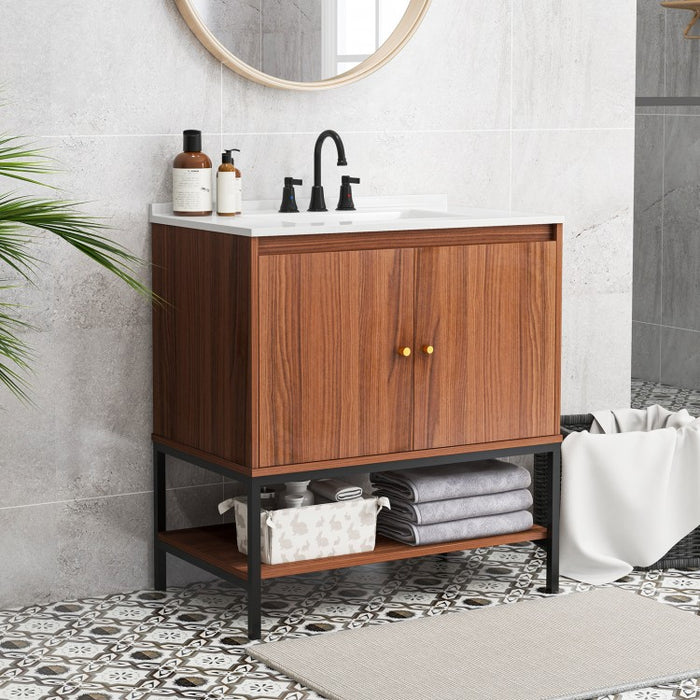 Rustic Vintage Bathroom Vanity Set with Shelves and Cabinet Doors