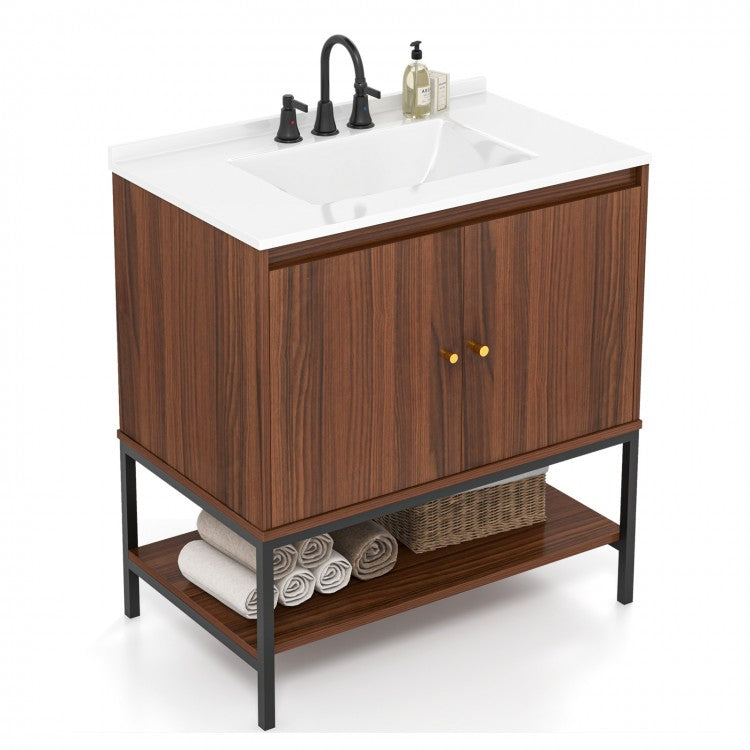 Rustic Vintage Bathroom Vanity Set with Shelves and Cabinet Doors
