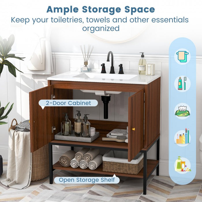 Rustic Vintage Bathroom Vanity Set with Shelves and Cabinet Doors