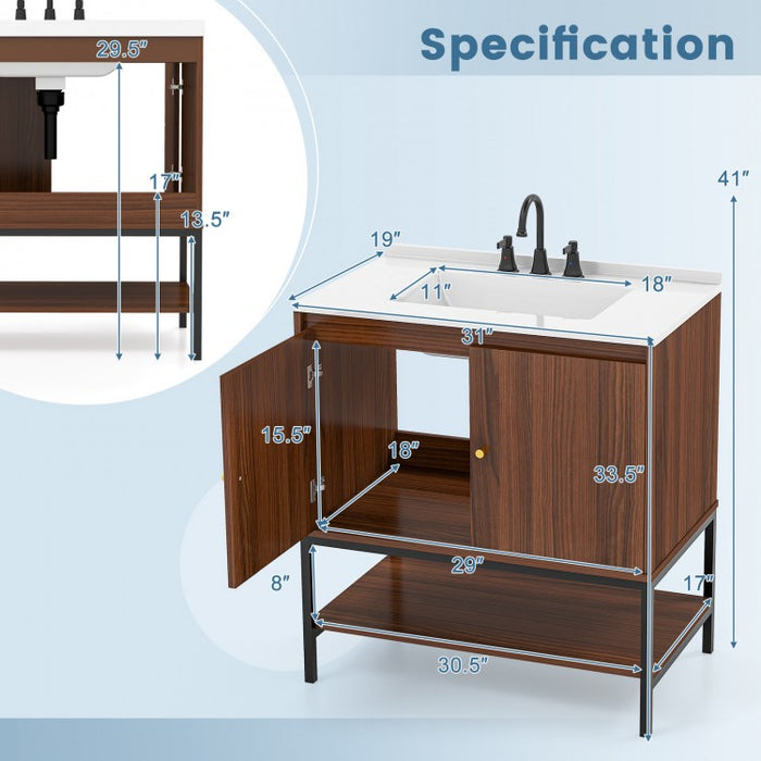 Rustic Vintage Bathroom Vanity Set with Shelves and Cabinet Doors