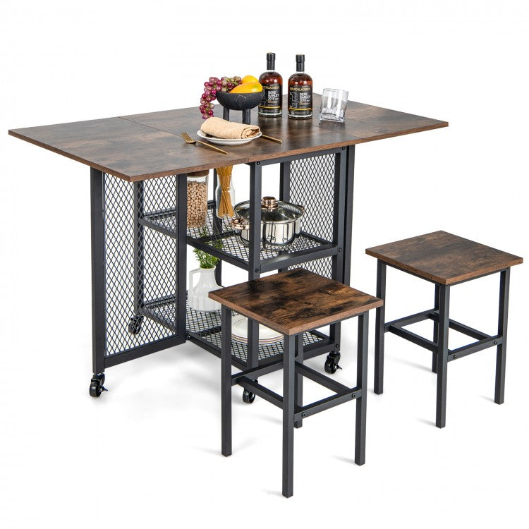 Industrial Style Expandable Dining Room Table Set with 2 Stools and Locking Wheels - Suitable for Restaurant and Bar