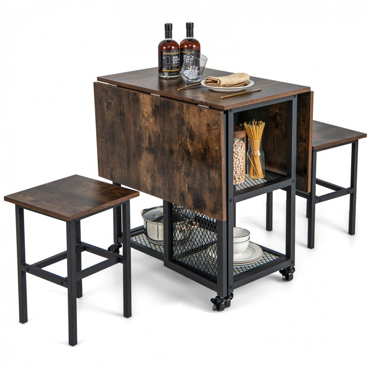 Industrial Style Expandable Dining Room Table Set with 2 Stools and Locking Wheels - Suitable for Restaurant and Bar