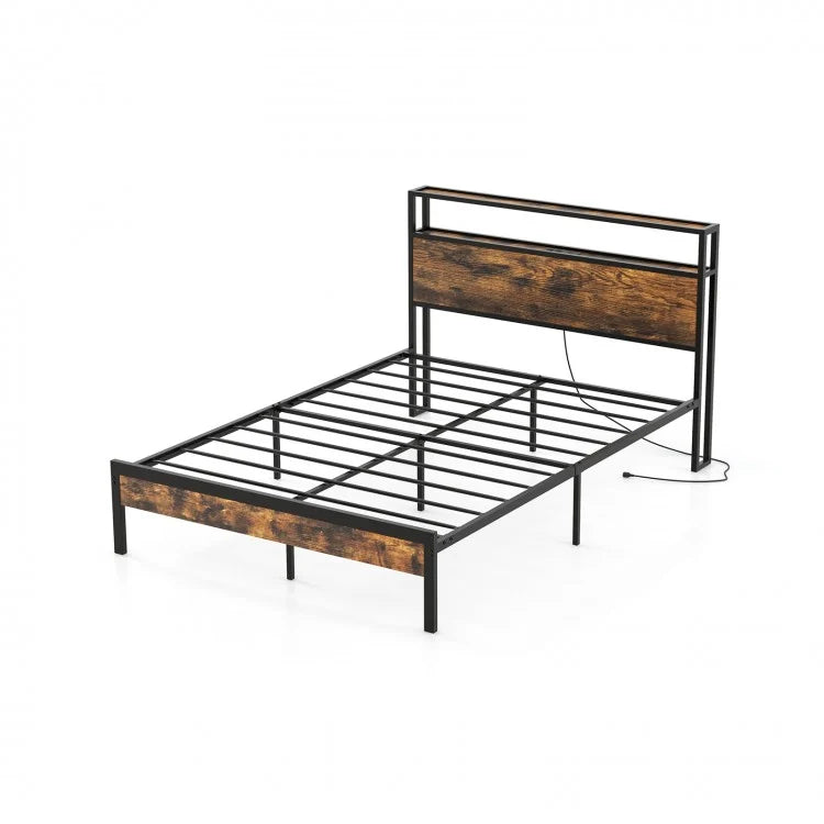 Vintage Bed Frame with Headboard Storage and Built-in Charging Ports