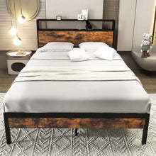 Load image into Gallery viewer, Vintage Bed Frame with Headboard Storage and Built-in Charging Ports
