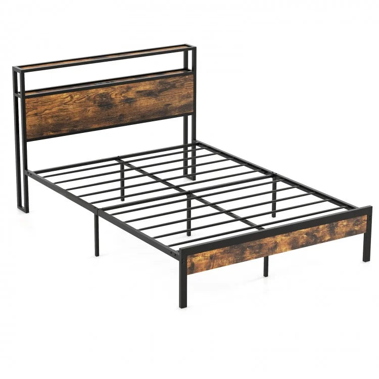 Vintage Bed Frame with Headboard Storage and Built-in Charging Ports