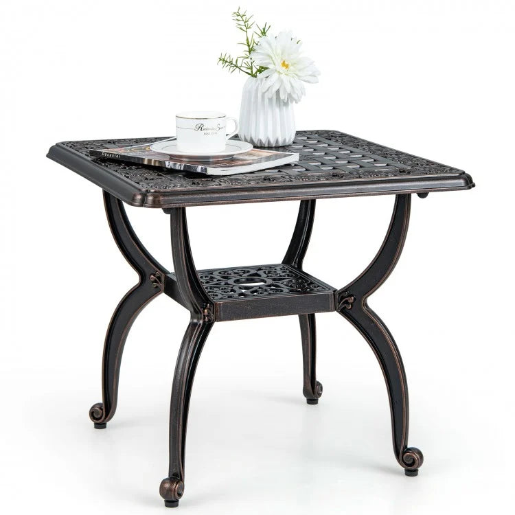 Costway Brown Vintage Outdoor Side Table - Cast Aluminum with Storage Shelf, Suitable for Garden, Patio, and Porch