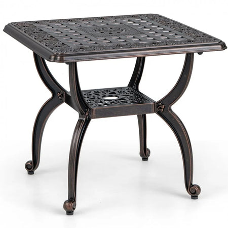 Costway Brown Vintage Outdoor Side Table - Cast Aluminum with Storage Shelf, Suitable for Garden, Patio, and Porch