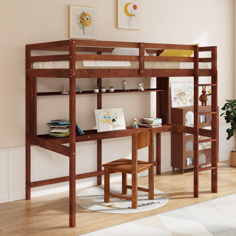 Solid Wood Loft Bed Frame with Safety Railing and Ladder