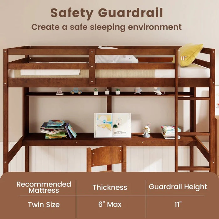 Solid Wood Loft Bed Frame with Safety Railing and Ladder