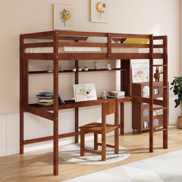 Solid Wood Loft Bed Frame with Safety Railing and Ladder