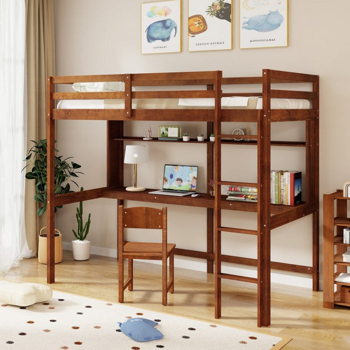 Solid Wood Loft Bed Frame with Safety Railing and Ladder