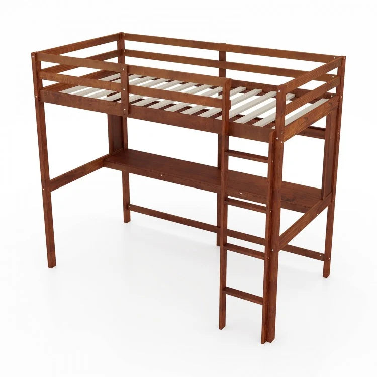 Solid Wood Loft Bed Frame with Safety Railing and Ladder