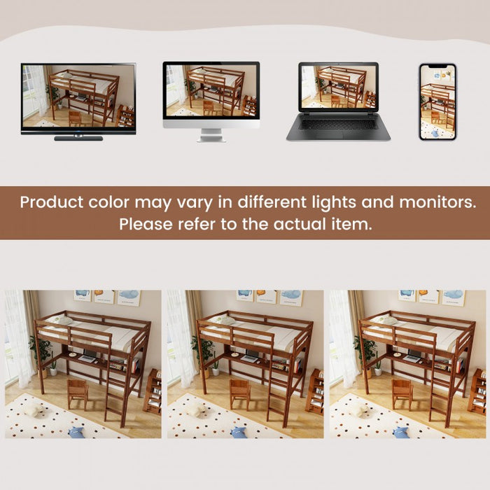 Solid Wood Loft Bed Frame with Safety Railing and Ladder