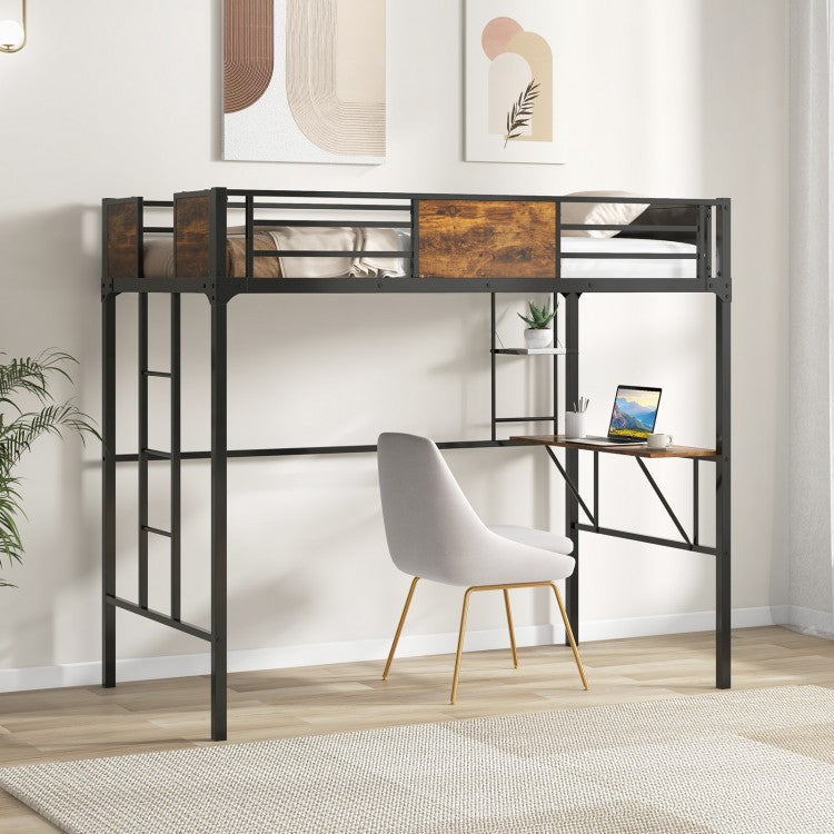 Industrial-Style Metal Loft Bed with Built-In Desk and Ladder