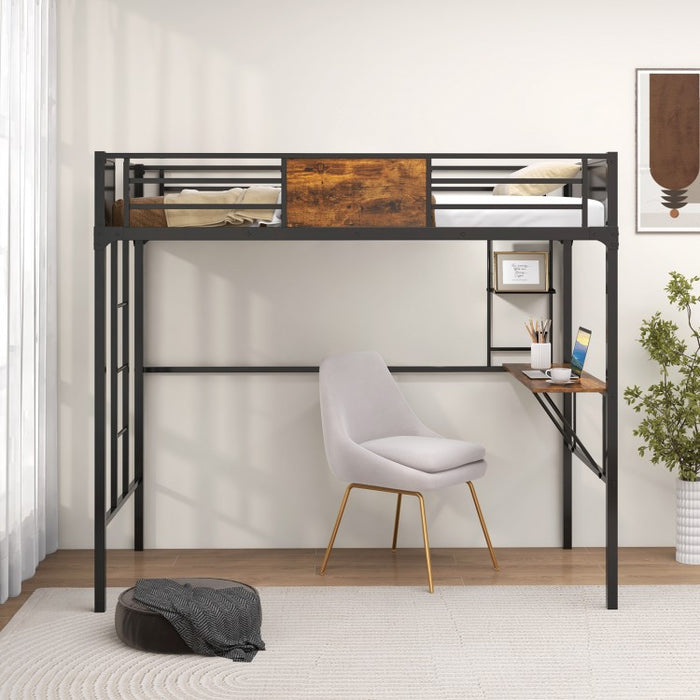 Industrial-Style Metal Loft Bed with Built-In Desk and Ladder
