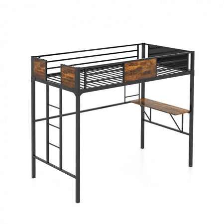 Industrial-Style Metal Loft Bed with Built-In Desk and Ladder