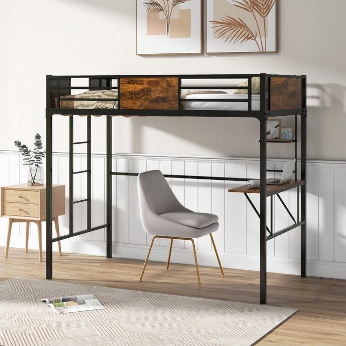 Industrial-Style Metal Loft Bed with Built-In Desk and Ladder