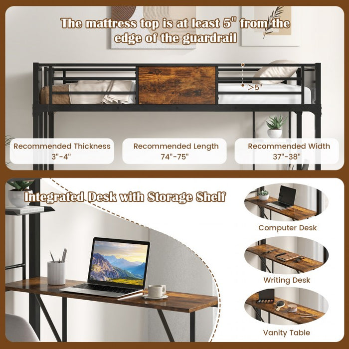 Industrial-Style Metal Loft Bed with Built-In Desk and Ladder