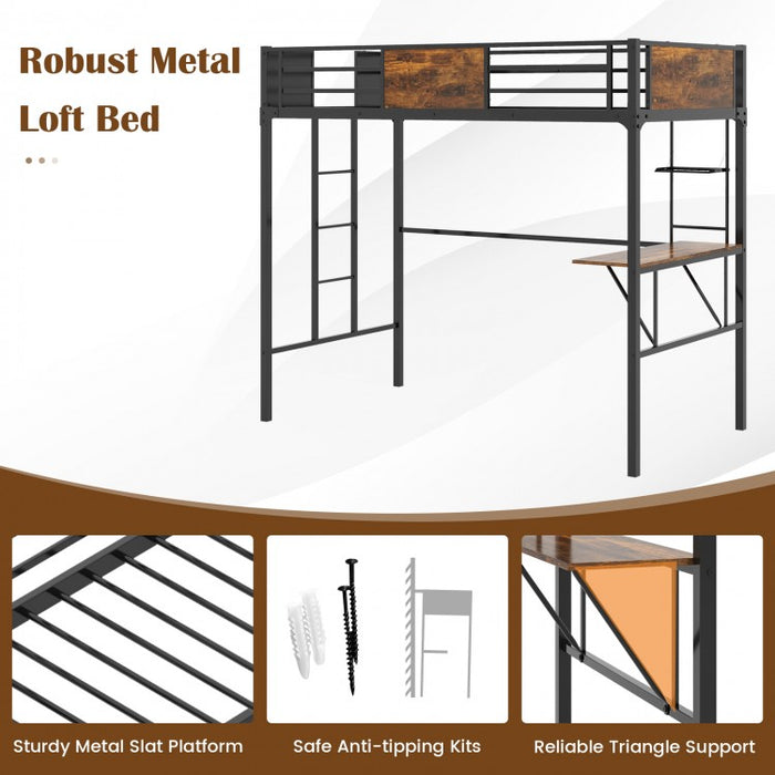 Industrial-Style Metal Loft Bed with Built-In Desk and Ladder