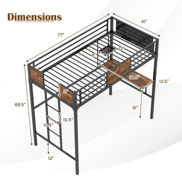 Industrial-Style Metal Loft Bed with Built-In Desk and Ladder