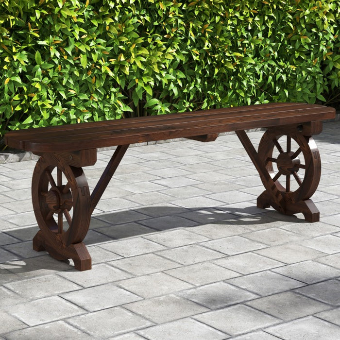 Outdoor Garden Patio Brown Wagon Wheel Base Wooden Bench