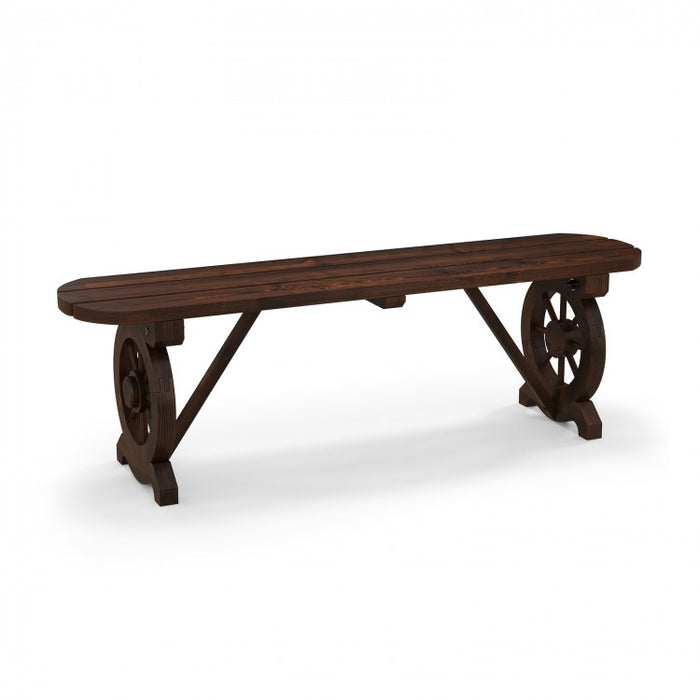 Outdoor Garden Patio Brown Wagon Wheel Base Wooden Bench