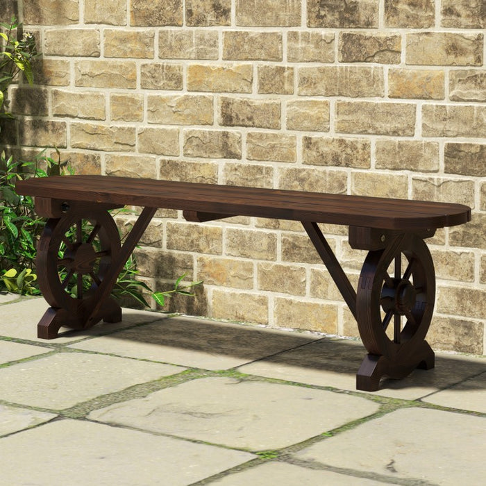 Outdoor Garden Patio Brown Wagon Wheel Base Wooden Bench