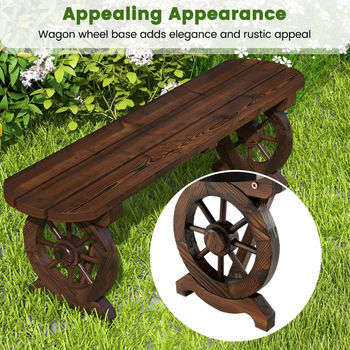 Outdoor Garden Patio Brown Wagon Wheel Base Wooden Bench