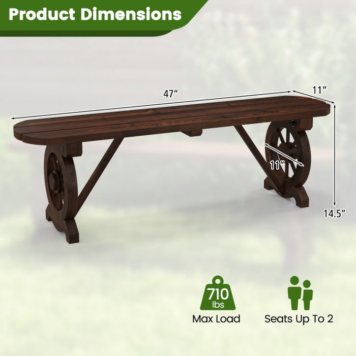 Outdoor Garden Patio Brown Wagon Wheel Base Wooden Bench
