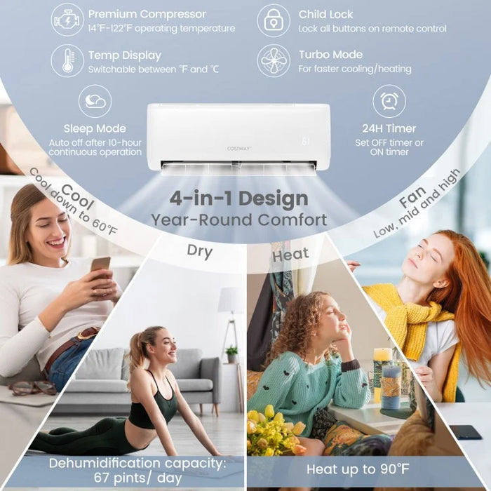 ENERGY STAR Certified 17000 BTU 4-in-1 Mini Split Air Conditioner with Remote and Self-Cleaning