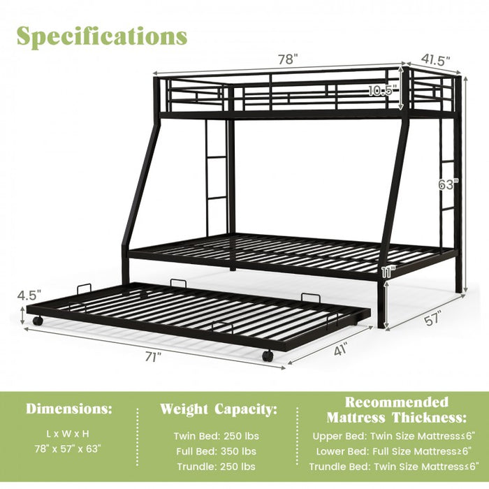 Metal Bunk Bed with Pull-out Trundle Bed for Dorms and Guest Rooms